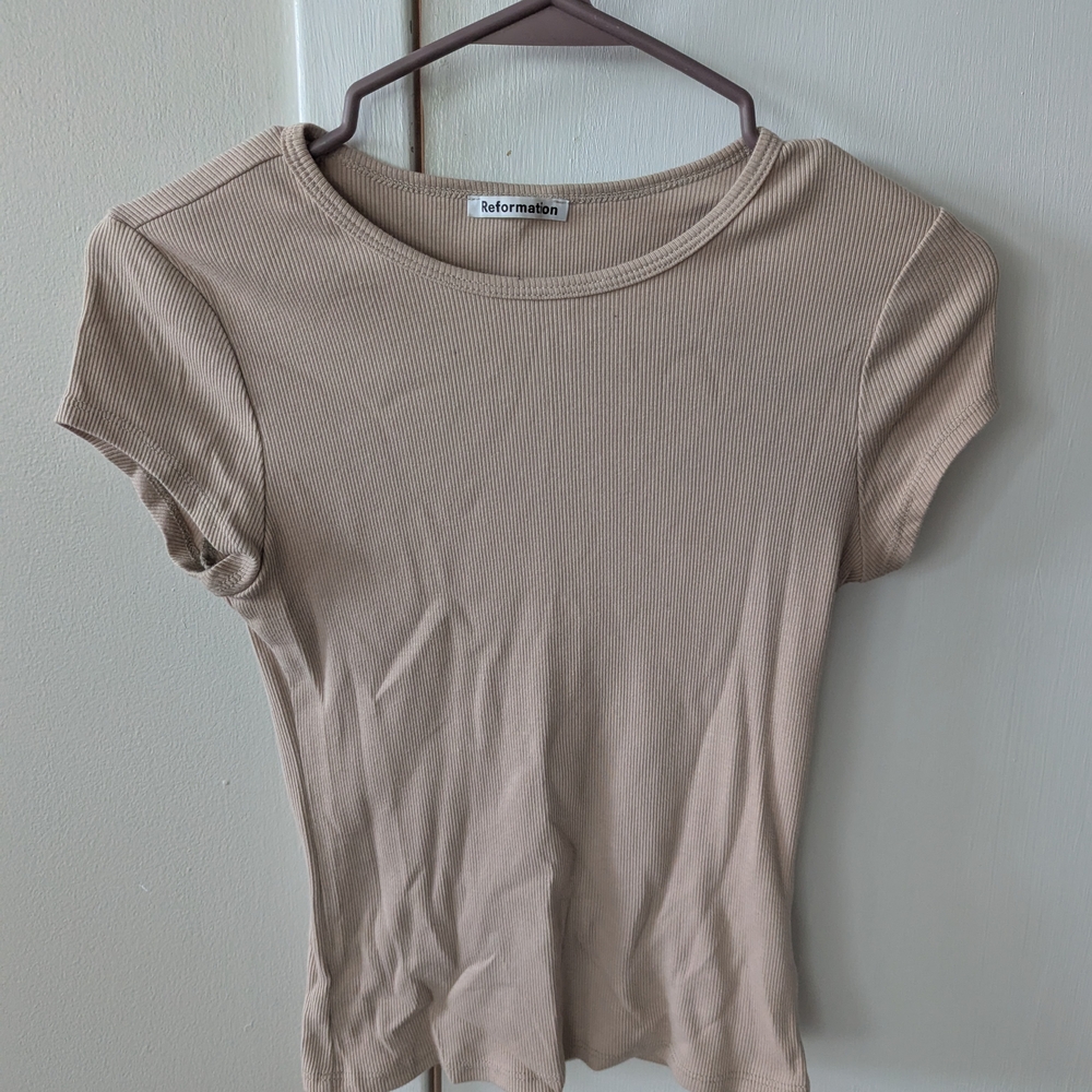 Reformation Tan Fitted Short Sleeve T-Shirt